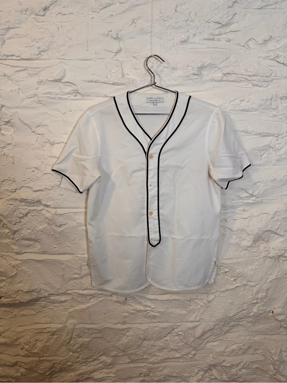 Sandro White Short-Sleeve Button Baseball Shirt with Black Piping